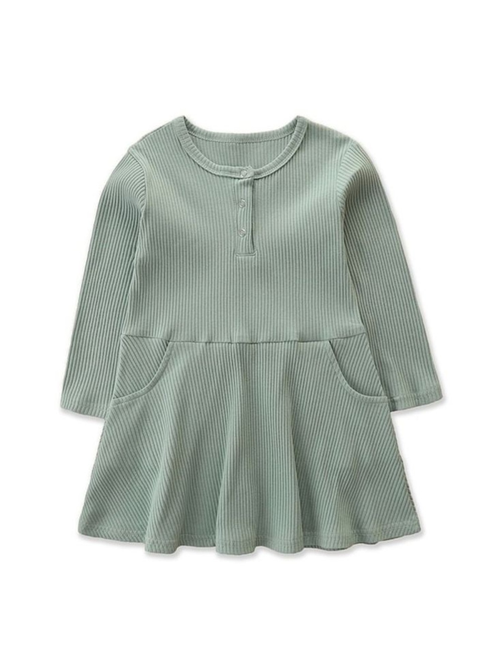 Little Bipsy Sage Green Ribbed Long-Sleeve Mini Dress with Front Snaps & Pockets